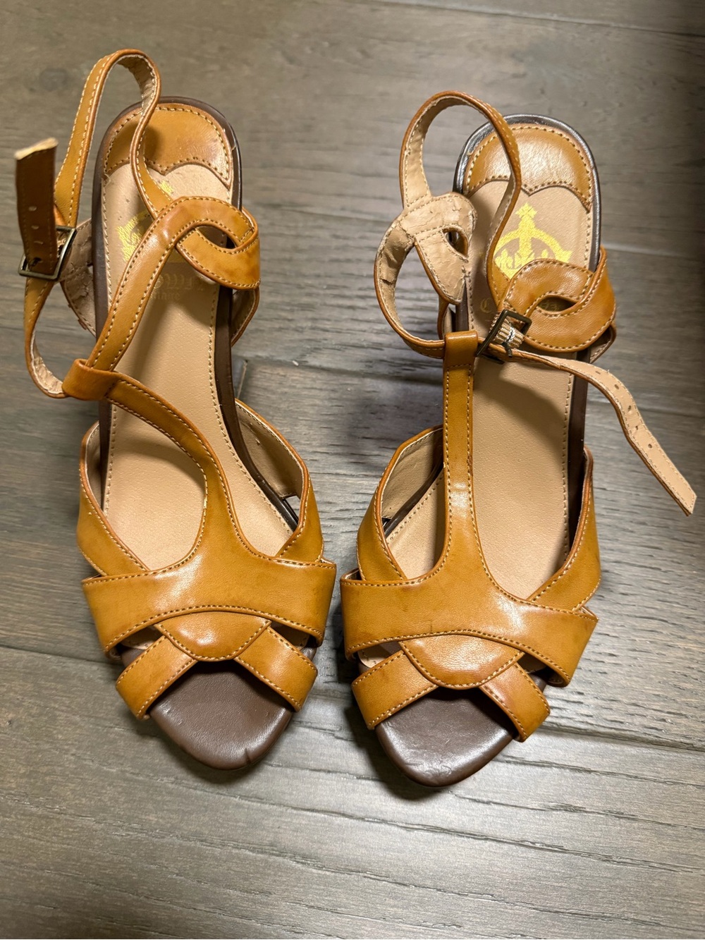 Mustard Brown Leather Ankle-Strap Heels 8M